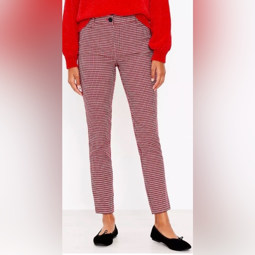 LOFT SUTTON SKINNY RED AND NAVY PLAID PANTS SIZE 0